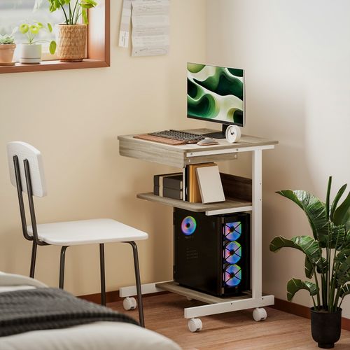 Bureau Compact 56x51 Cm Chêne, Pour PC 18'', Tiroir Et Étagères, 4 Roulettes Dont 2 Freinées