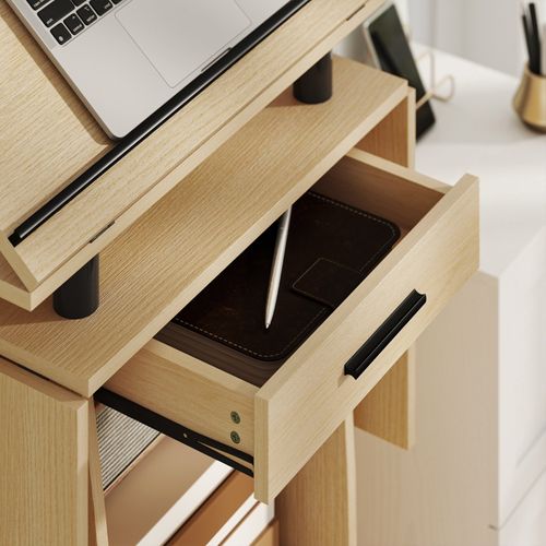 Pupitre Mobile Chêne 126 Cm, 2 Tablettes Pliantes, Plateau Inclinable 7 Positions Et Tiroir