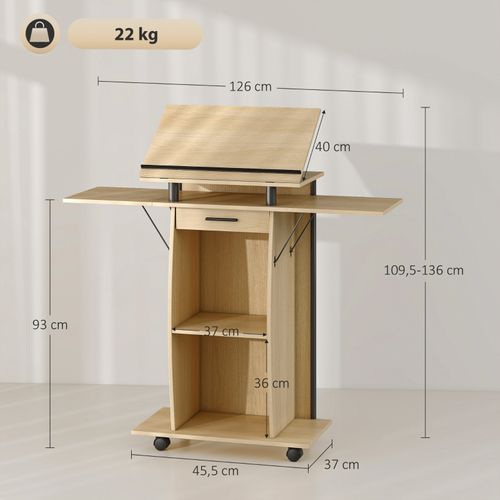 Pupitre Mobile Chêne 126 Cm, 2 Tablettes Pliantes, Plateau Inclinable 7 Positions Et Tiroir