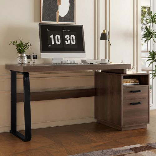 Bureau 135x54 Cm Mdf/métal, Plateau 4 Cm Coloris Brun, Rangement Ouvert Et Tiroir Silencieux