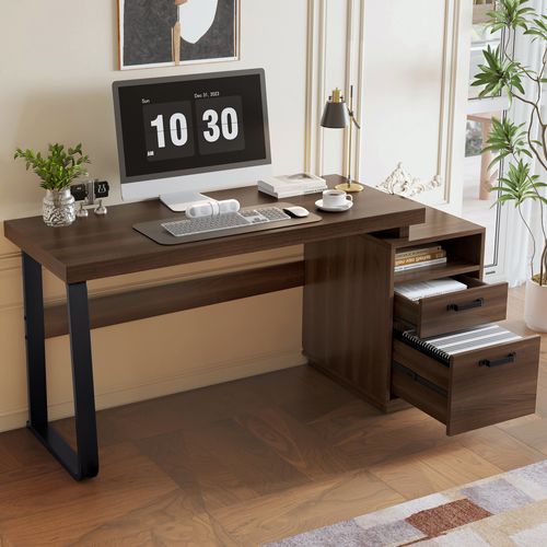 Bureau 135x54 Cm Mdf/métal, Plateau 4 Cm Coloris Brun, Rangement Ouvert Et Tiroir Silencieux
