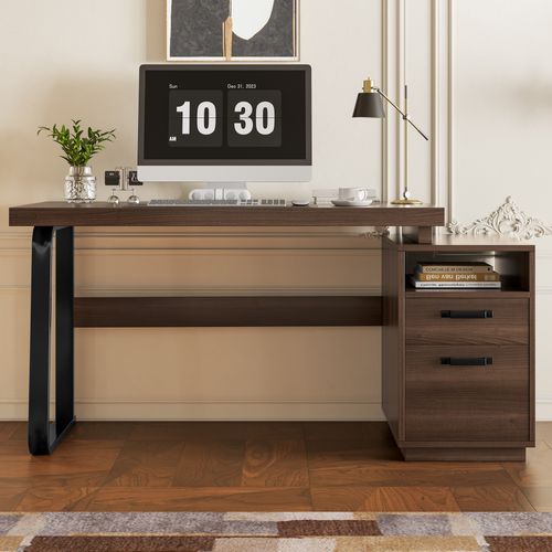 Bureau 135x54 Cm Mdf/métal, Plateau 4 Cm Coloris Brun, Rangement Ouvert Et Tiroir Silencieux