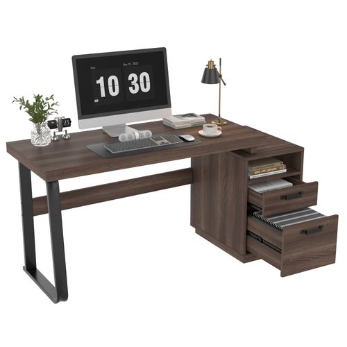 Bureau 135x54 Cm Mdf/métal, Plateau 4 Cm Coloris Brun, Rangement Ouvert Et Tiroir Silencieux