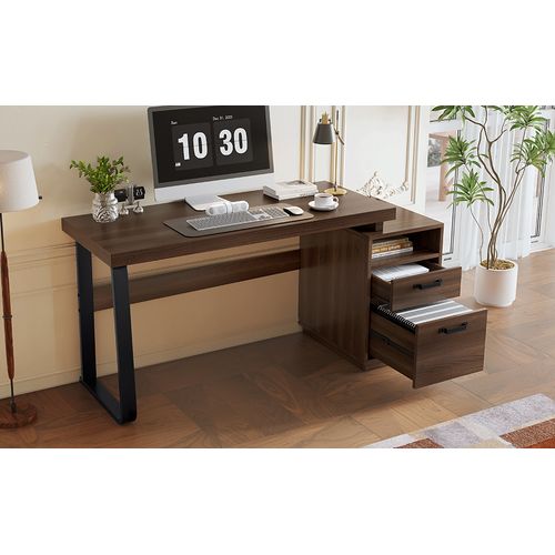 Bureau 135x54 Cm Mdf/métal, Plateau 4 Cm Coloris Brun, Rangement Ouvert Et Tiroir Silencieux