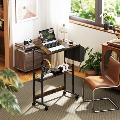 Bureau Réglable 92x40 Cm, Hauteur 67,5-104 Cm, Plateau Inclinable, Rangement, Finition Marron