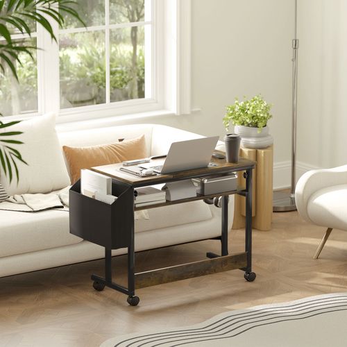 Bureau Réglable 92x40 Cm, Hauteur 67,5-104 Cm, Plateau Inclinable, Rangement, Finition Marron