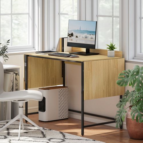 Bureau Extensible 170/135/100 Cm Effet Chêne, Grande Surface 170x58 Cm, Pieds Métal Noirs