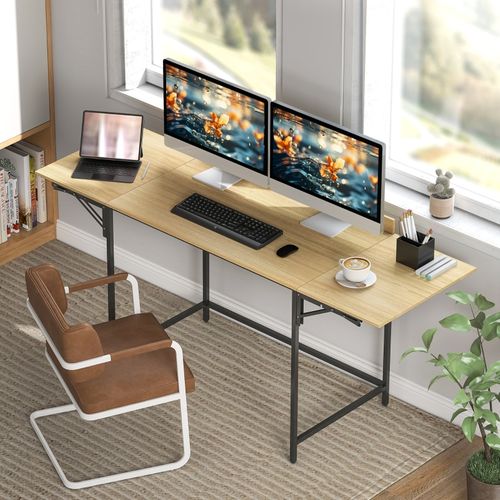 Bureau Extensible 170/135/100 Cm Effet Chêne, Grande Surface 170x58 Cm, Pieds Métal Noirs