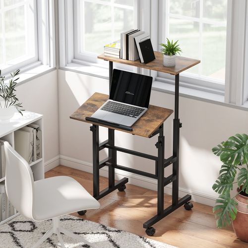 Bureau Réglable 60x60x70,5-120 Cm En Bois Brun Rustique Avec Plateau Inclinable Et Roulettes