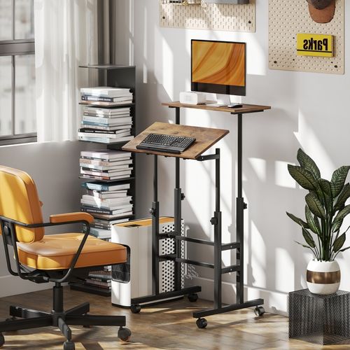 Bureau Réglable 60x60x70,5-120 Cm En Bois Brun Rustique Avec Plateau Inclinable Et Roulettes