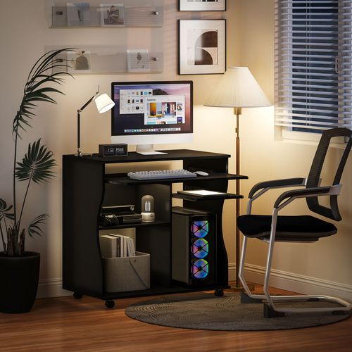 Bureau Informatique 80x48x75 Cm Noir, Plateau 80x48 Cm, Tiroir Clavier 76x30 Cm, Sur Roulettes