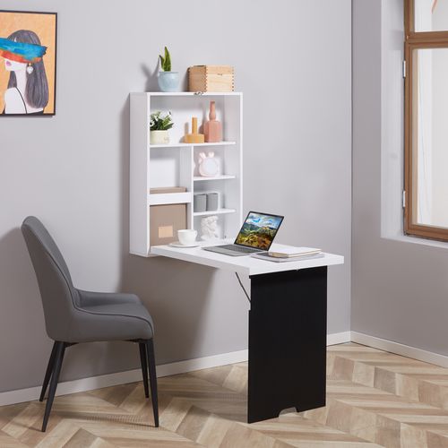 Bureau Mural Rabattable 60 X 94,5 X 147 Cm En Mdf Noir, Tablette Repliable Et Tableau Effaçable