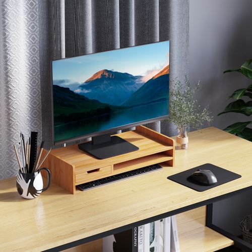 Support Écran En Bambou Naturel 49x25,5x11,5 Cm — Rangement Avec Tiroir Intégré