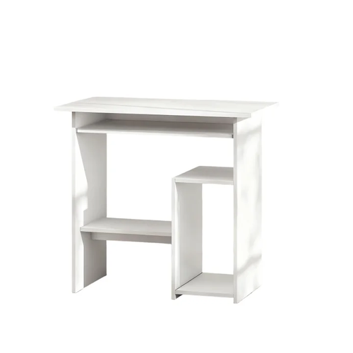 Bureau Compact 80x45x75 Cm Blanc En Panneaux Mélaminés, Tiroir Clavier Coulissant Et Étagères