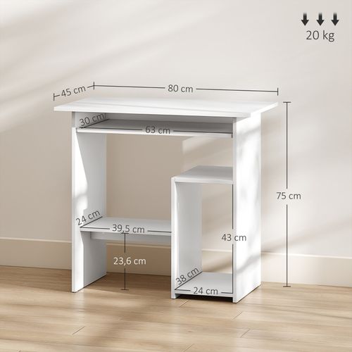 Bureau Compact 80x45x75 Cm Blanc En Panneaux Mélaminés, Tiroir Clavier Coulissant Et Étagères
