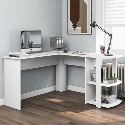 Bureau D'angle En L 140x140 Cm Blanc, Plateaux Mélaminés Résistants Et Étagère Intégrée