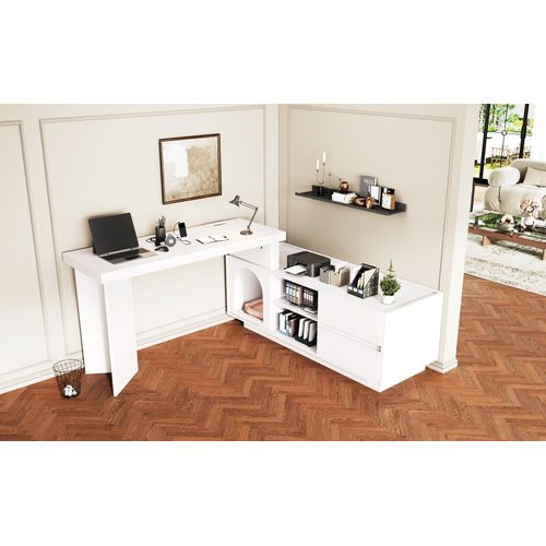 Bureau 120 X 50 Cm En Mdf Blanc Avec Niche XL Pour Animal, Modulable En L Ou Droit