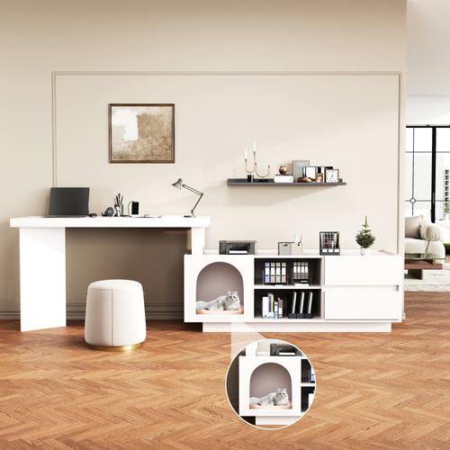 Bureau 120 X 50 Cm En Mdf Blanc Avec Niche XL Pour Animal, Modulable En L Ou Droit