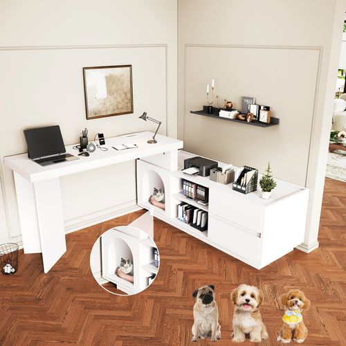 Bureau 120 X 50 Cm En Mdf Blanc Avec Niche XL Pour Animal, Modulable En L Ou Droit