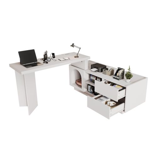 Bureau 120 X 50 Cm En Mdf Blanc Avec Niche XL Pour Animal, Modulable En L Ou Droit