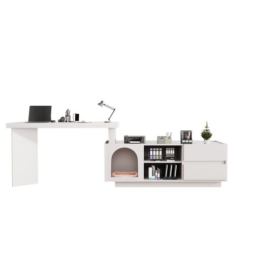 Bureau 120 X 50 Cm En Mdf Blanc Avec Niche XL Pour Animal, Modulable En L Ou Droit