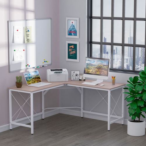 Bureau D'angle 150x150x76 Cm Coloris Naturel — Plateau Mdf Mélaminé Résistant, Piètement Métal