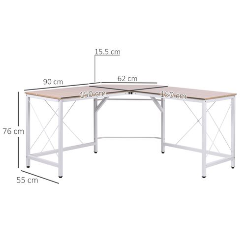 Bureau D'angle 150x150x76 Cm Coloris Naturel — Plateau Mdf Mélaminé Résistant, Piètement Métal