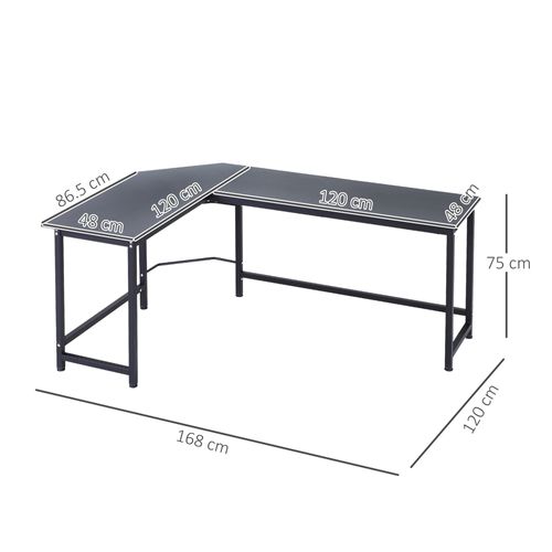 Bureau D'angle L 168 X 120 X 75 Cm Noir – Grand Plateau Mélaminé Hydrofuge Et Piétement Acier Poudré