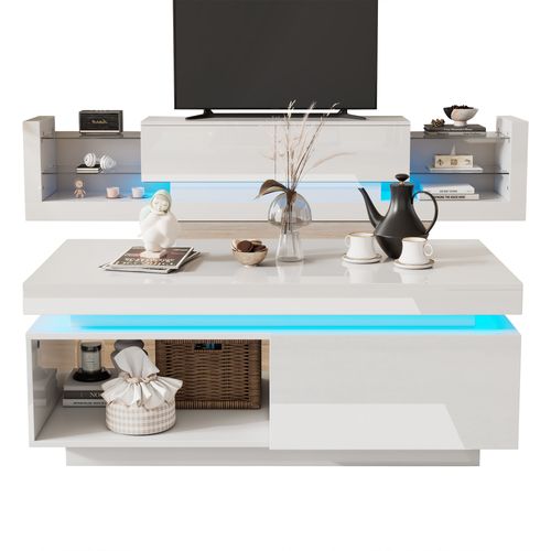 Ensemble Meuble TV 181x38 Cm + Table Basse 100x50x40,3 Cm Blanc Laqué Avec LED, Design Épuré