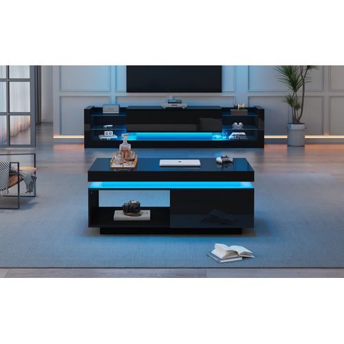 Ensemble Meuble TV 181x38x38 Cm + Table Basse 100x50x40,3 Cm Noir Laqué, Éclairage LED Intégré