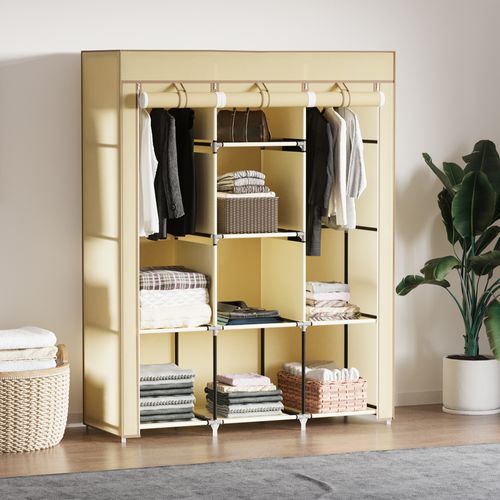 Armoire En Tissu Beige 125x43x162,5 Cm Avec 2 Tringles Et 8 Étagères, Structure Acier