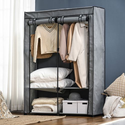 Armoire En Tissu Gris Clair 118 X 49 X 170 Cm, 2 Tringles Et 4 Étagères, Housse Zippée