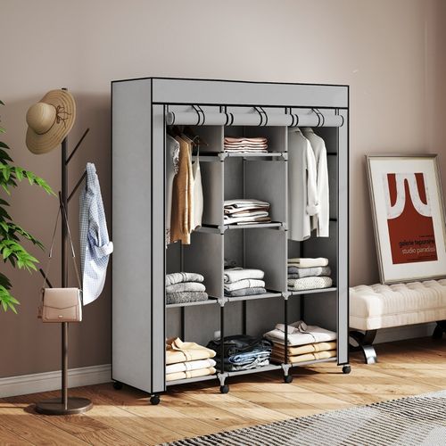 Armoire En Tissu Gris Clair 125 X 43 X 162,5 Cm — 2 Tringles, 8 Étagères, Porte Zippée