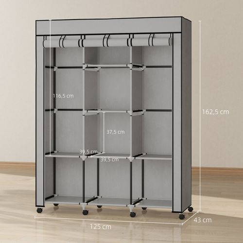 Armoire En Tissu Gris Clair 125 X 43 X 162,5 Cm — 2 Tringles, 8 Étagères, Porte Zippée