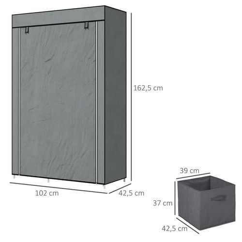 Armoire Textile 102x42,5x162,5 Cm Gris Foncé, Cadre Acier, 1 Tringle, 6 Étagères, Housse Zippée