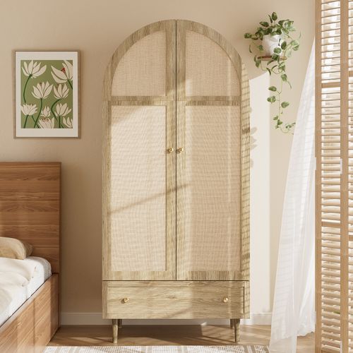 Armoire 2 Portes Chêne Avec Portes En Tissu Et Tiroirs, Pieds Bois Massif, Mdf, Design Moderne