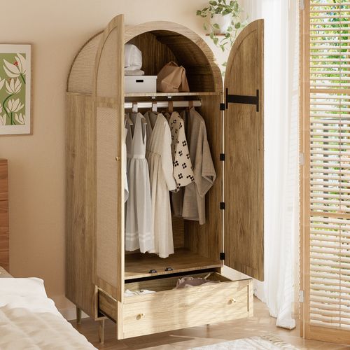 Armoire 2 Portes Chêne Avec Portes En Tissu Et Tiroirs, Pieds Bois Massif, Mdf, Design Moderne