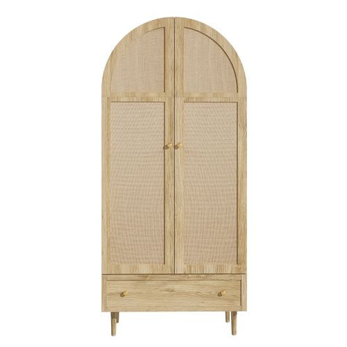 Armoire 2 Portes Chêne Avec Portes En Tissu Et Tiroirs, Pieds Bois Massif, Mdf, Design Moderne