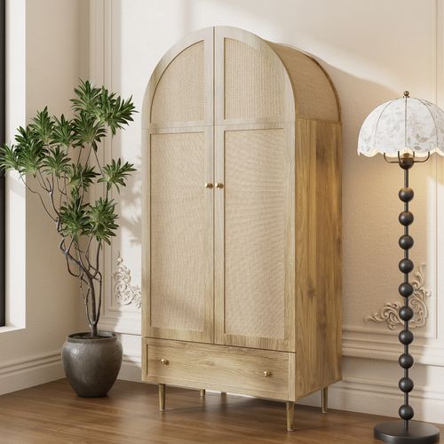 Armoire 2 Portes Chêne Avec Portes En Tissu Et Tiroirs, Pieds Bois Massif, Mdf, Design Moderne