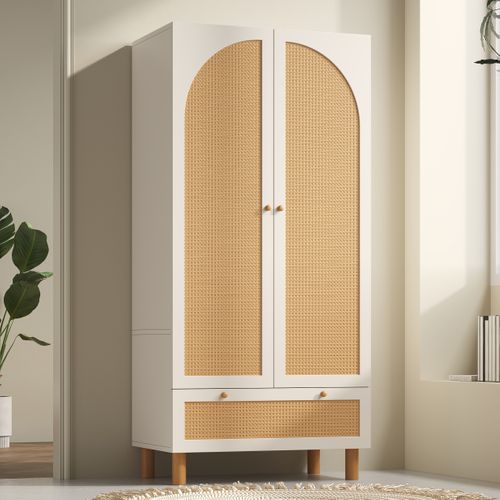 Armoire 180,5x85,5x52 Cm Blanche Style Campagne Avec Rattan Jaune Et Grand Tiroir