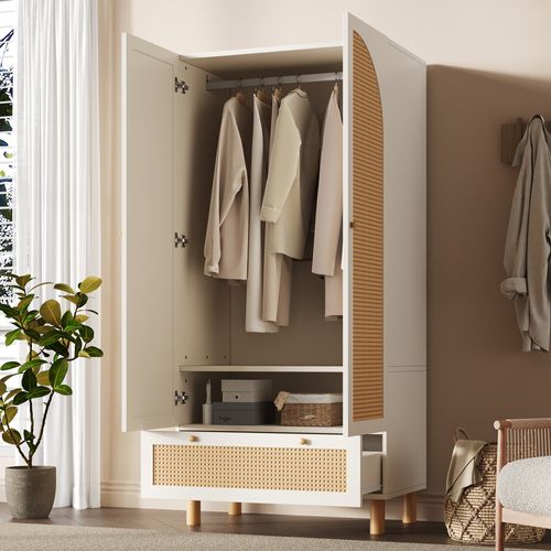 Armoire 180,5x85,5x52 Cm Blanche Style Campagne Avec Rattan Jaune Et Grand Tiroir