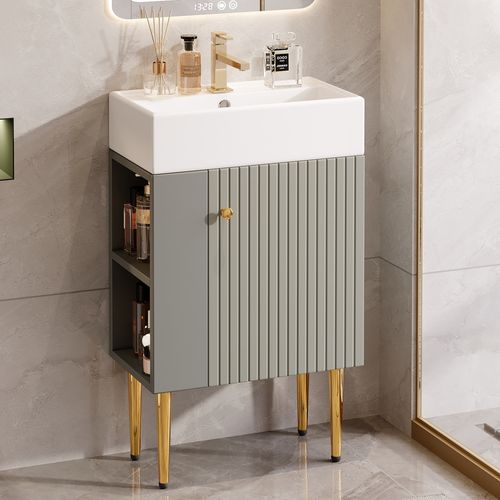 Meuble Vasque Compact Gris Et Blanc Avec Vasque Céramique Brillante, Panneau 3d Et Rangements