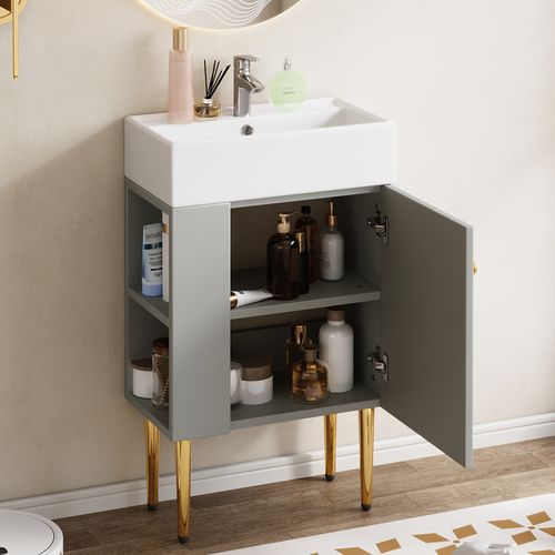 Meuble Vasque Compact Gris Et Blanc Avec Vasque Céramique Brillante, Panneau 3d Et Rangements