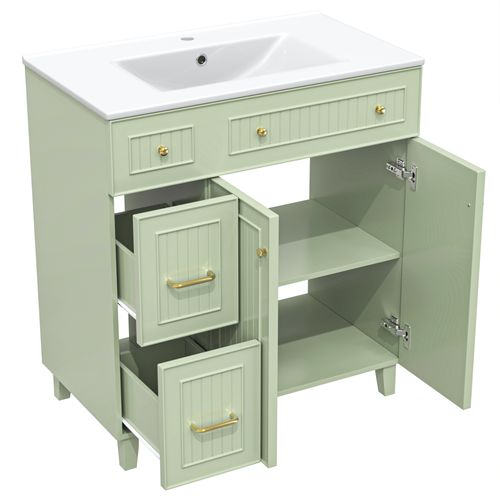 Meuble Vasque En Mdf Laqué Vert, Vasque Céramique Intégrée, 1 Porte Et 2 Tiroirs, Pieds Pin