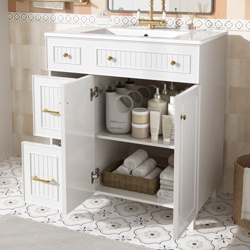 Meuble Sous-lavabo 81,7 Cm Avec Vasque Céramique Blanche, Corps Mdf Laqué Et Pieds Bois Massif