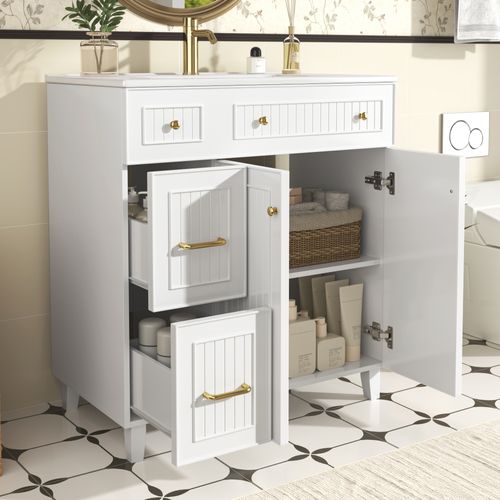 Meuble Sous-lavabo 81,7 Cm Avec Vasque Céramique Blanche, Corps Mdf Laqué Et Pieds Bois Massif