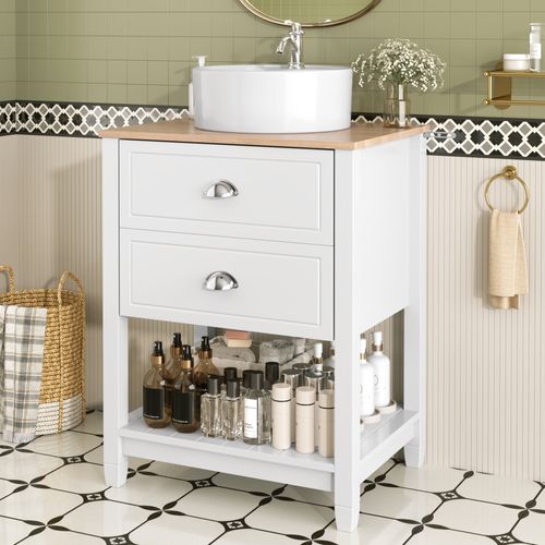 Meuble Sous-vasque 2 Tiroirs Et Niche Avec Vasque Céramique Ronde En Mdf Blanc Et Bois Clair