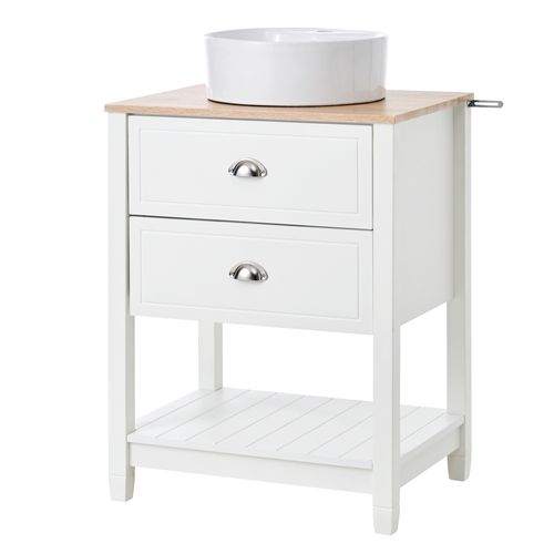Meuble Sous-vasque 2 Tiroirs Et Niche Avec Vasque Céramique Ronde En Mdf Blanc Et Bois Clair
