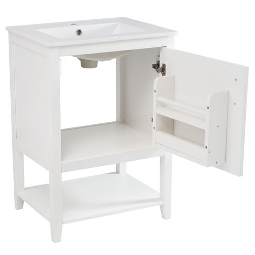 Meuble Sous-vasque Blanc Avec Lavabo Céramique Brillant, Pied Antidérapant, Design Contemporain