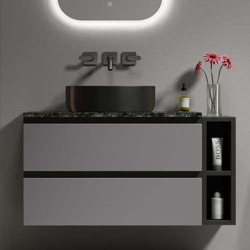 Meuble Sous-vasque Noir/gris Avec Plan Marbre Et Vasque Ronde En Céramique, Style Bicolore